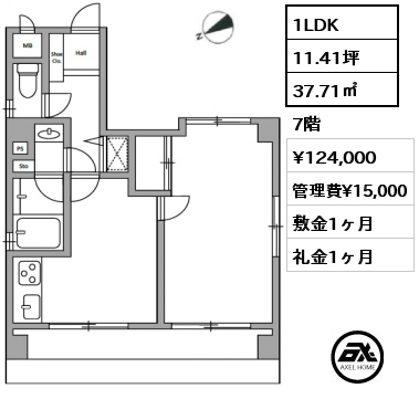 間取り1 1LDK 37.71㎡ 7階 賃料¥124,000 管理費¥15,000 敷金1ヶ月 礼金1ヶ月 3月下旬退去予定