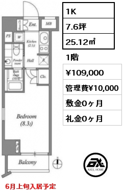 間取り1 1K 25.12㎡ 1階 賃料¥109,000 管理費¥10,000 敷金0ヶ月 礼金0ヶ月 6月上旬入居予定