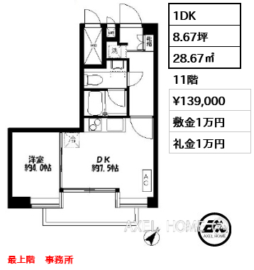 1DK 28.67㎡  賃料¥139,000 敷金1万円 礼金1万円 最上階　事務所