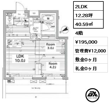 2LDK 40.59㎡ 4階 賃料¥195,000 管理費¥12,000 敷金0ヶ月 礼金0ヶ月