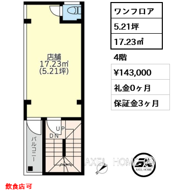 ワンフロア 17.23㎡  賃料¥143,000 礼金0ヶ月 飲食店可