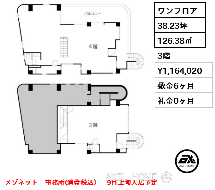 ワンフロア 126.38㎡  賃料¥1,164,020 敷金6ヶ月 礼金0ヶ月 メゾネット　事務所(消費税込）　9月上旬入居予定