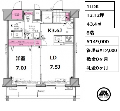 間取り1 1K 21.6㎡ 2階 賃料¥83,500 管理費¥9,500 敷金0ヶ月 礼金0ヶ月 　