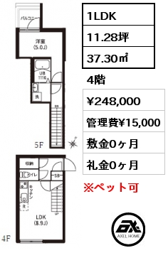1LDK 37.30㎡ 4階 賃料¥248,000 管理費¥15,000 敷金0ヶ月 礼金0ヶ月