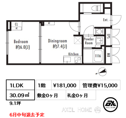 1LDK 30.09㎡  賃料¥181,000 管理費¥15,000 敷金0ヶ月 礼金0ヶ月 6月中旬退去予定