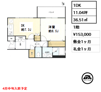 間取り1 1DK 36.51㎡  賃料¥153,000 敷金1ヶ月 礼金1ヶ月 4月中旬入居予定