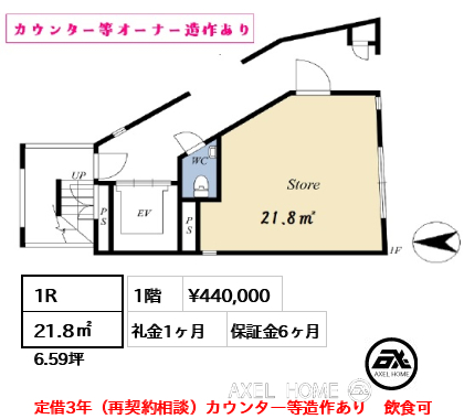 1R 21.8㎡  賃料¥440,000 礼金1ヶ月 定借3年（再契約相談）カウンター等造作あり　飲食可