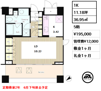 間取り1 1K 36.95㎡  賃料¥195,000 管理費¥12,000 敷金1ヶ月 礼金1ヶ月 定期借家2年　6月下旬退去予定
