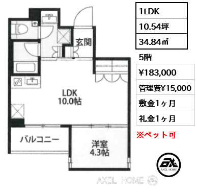 1LDK 34.84㎡  賃料¥183,000 管理費¥15,000 敷金1ヶ月 礼金1ヶ月