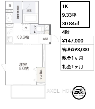 1K 30.84㎡  賃料¥147,000 管理費¥8,000 敷金1ヶ月 礼金1ヶ月