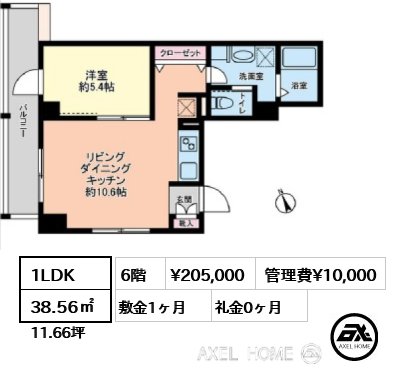 1LDK 38.56㎡  賃料¥205,000 管理費¥10,000 敷金1ヶ月 礼金0ヶ月 　