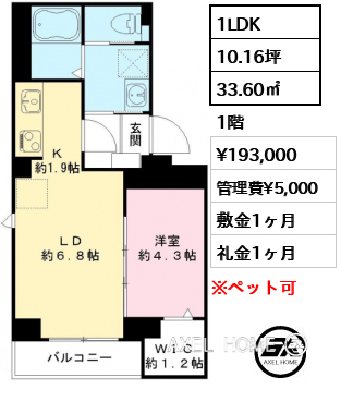 1LDK 33.60㎡  賃料¥193,000 管理費¥5,000 敷金1ヶ月 礼金1ヶ月 12月中旬入居予定