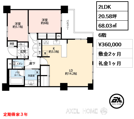2LDK 68.03㎡  賃料¥360,000 敷金2ヶ月 礼金1ヶ月 定期借家３年