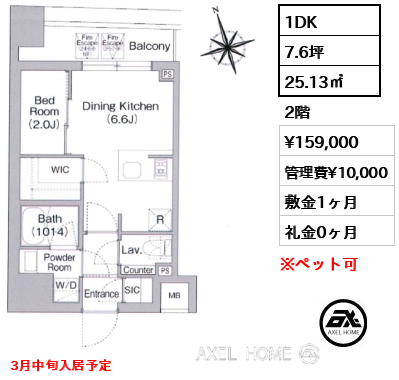 1DK 25.13㎡  賃料¥159,000 管理費¥10,000 敷金1ヶ月 礼金0ヶ月 3月中旬入居予定