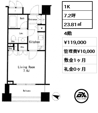 間取り1 1K 23.81㎡ 4階 賃料¥119,000 管理費¥10,000 敷金1ヶ月 礼金0ヶ月