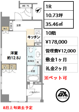 間取り1 1R 35.46㎡  賃料¥178,000 管理費¥12,000 敷金1ヶ月 礼金2ヶ月 8月上旬退去予定
