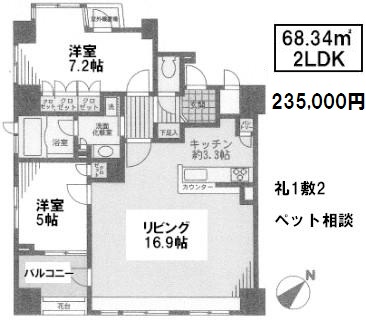間取り1 1SLDK 53.16㎡  賃料¥225,000 管理費¥5,000 敷金1ヶ月 礼金1ヶ月 定期借家3年