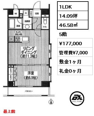 間取り1 1LDK 46.58㎡ 5階 賃料¥177,000 管理費¥7,000 敷金1ヶ月 礼金1ヶ月 楽器可　最上階