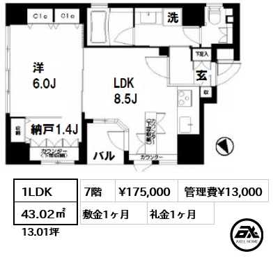 間取り1 1LDK 43.02㎡  賃料¥175,000 管理費¥13,000 敷金1ヶ月 礼金1ヶ月