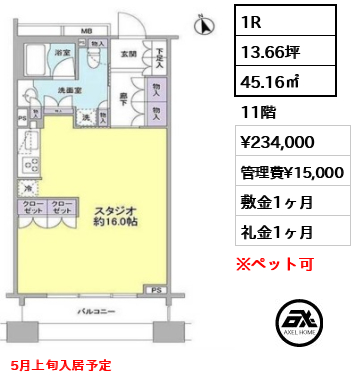 間取り1 1R 45.16㎡  賃料¥234,000 管理費¥15,000 敷金1ヶ月 礼金1ヶ月 5月上旬入居予定