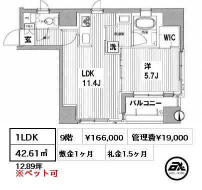 間取り1 1LDK 42.61㎡ 9階 賃料¥166,000 管理費¥19,000 敷金1ヶ月 礼金1.5ヶ月 　　　