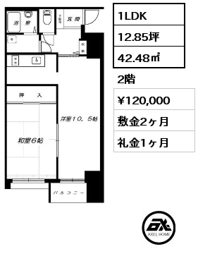 間取り1 1LDK 42.48㎡ 2階 賃料¥130,000 管理費¥5,000 敷金2ヶ月 礼金1ヶ月 　 