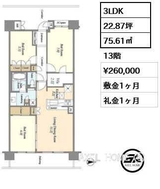 間取り1 3LDK 75.61㎡  賃料¥260,000 敷金1ヶ月 礼金1ヶ月