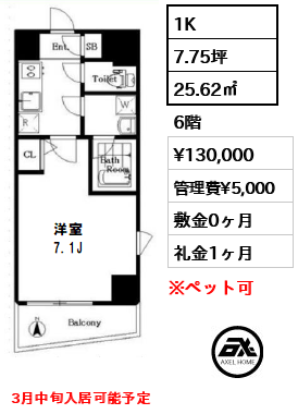 間取り1 1K 25.62㎡  賃料¥130,000 管理費¥5,000 敷金0ヶ月 礼金1ヶ月 3月中旬入居可能予定