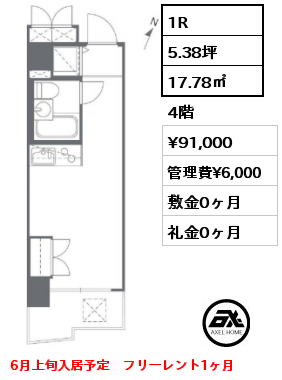 間取り1 1R 17.78㎡ 4階 賃料¥91,000 管理費¥6,000 敷金0ヶ月 礼金0ヶ月 6月上旬入居予定　フリーレント1ヶ月