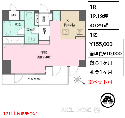間取り1 1R 40.29㎡  賃料¥155,000 管理費¥10,000 敷金1ヶ月 礼金1ヶ月 12月上旬退去予定　