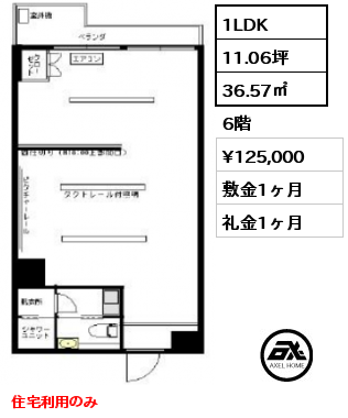 間取り1 1LDK 36.57㎡ 6階 賃料¥125,000 敷金1ヶ月 礼金1ヶ月