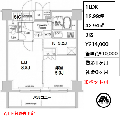 間取り1 1LDK 42.94㎡  賃料¥214,000 管理費¥10,000 敷金1ヶ月 礼金0ヶ月 7月下旬退去予定
