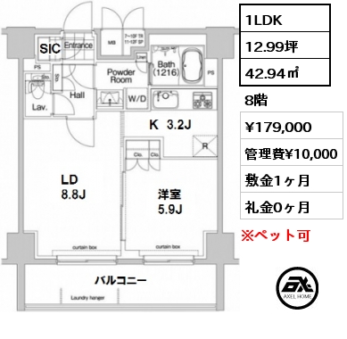 間取り1 1LDK 42.94㎡ 9階 賃料¥168,000 管理費¥10,000 敷金1ヶ月 礼金0ヶ月  