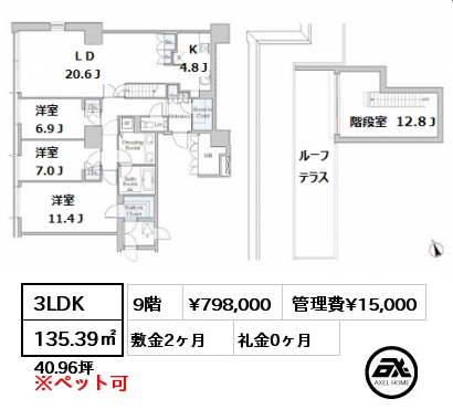 間取り1 3LDK 135.39㎡ 9階 賃料¥810,000 管理費¥15,000 敷金2ヶ月 礼金0ヶ月