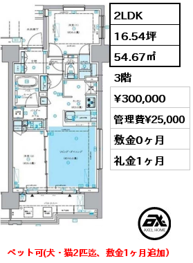 間取り1 2LDK 54.67㎡ 3階 賃料¥300,000 管理費¥25,000 敷金0ヶ月 礼金1ヶ月 5月下旬入居予定