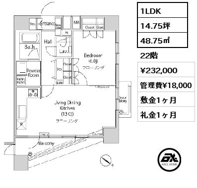 G 1K 22.32㎡ 6階 賃料¥112,000 管理費¥10,000 敷金1ヶ月 礼金0ヶ月 8月20日退去予定