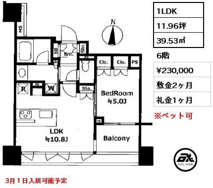間取り1 1LDK 39.53㎡ 6階 賃料¥242,000 敷金2ヶ月 礼金1ヶ月 10月下旬入居予定