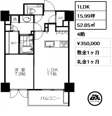 間取り1 1LDK 52.85㎡ 4階 賃料¥350,000 敷金1ヶ月 礼金1ヶ月 　