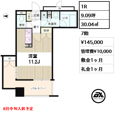 間取り1 1R 30.04㎡  賃料¥145,000 管理費¥10,000 敷金1ヶ月 礼金1ヶ月 8月中旬入居予定