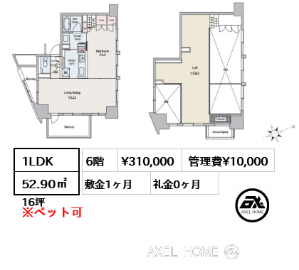 間取り1 1LDK 52.90㎡ 賃料¥310,000 管理費¥10,000 敷金1ヶ月 礼金0ヶ月