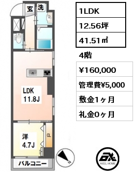 間取り1 1LDK 41.51㎡ 4階 賃料¥160,000 管理費¥5,000 敷金1ヶ月 礼金0ヶ月 　
