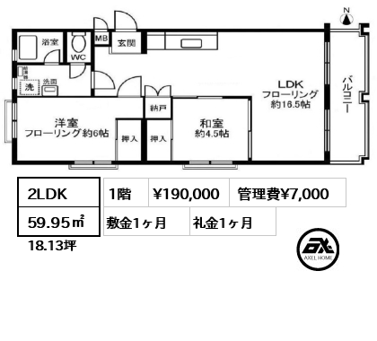 間取り1 2LDK 59.95㎡  賃料¥190,000 管理費¥7,000 敷金1ヶ月 礼金1ヶ月