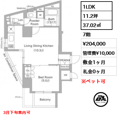 間取り1 1LDK 37.02㎡  賃料¥204,000 管理費¥10,000 敷金1ヶ月 礼金0ヶ月 3月下旬案内可