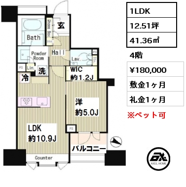 間取り1 1LDK 41.36㎡ 4階 賃料¥180,000 敷金1ヶ月 礼金1ヶ月
