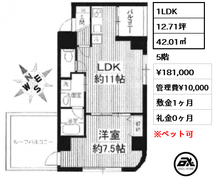 間取り1 1LDK 42.01㎡ 5階 賃料¥181,000 管理費¥10,000 敷金1ヶ月 礼金0ヶ月