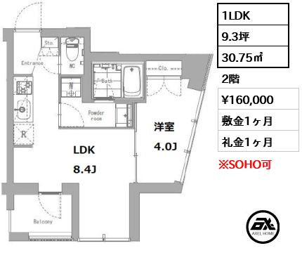 間取り10 1LDK 30.75㎡  賃料¥160,000 敷金1ヶ月 礼金1ヶ月