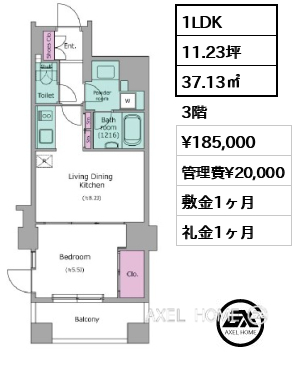 間取り10 1LDK 37.13㎡  賃料¥185,000 管理費¥20,000 敷金1ヶ月 礼金1ヶ月