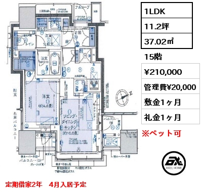 間取り10 1LDK 37.02㎡ 15階 賃料¥210,000 管理費¥20,000 敷金1ヶ月 礼金1ヶ月 定期借家2年　4月入居予定