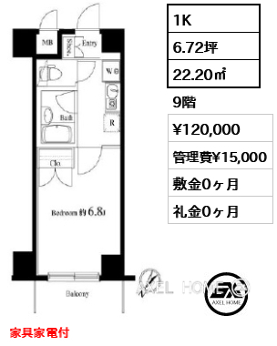 1K 22.20㎡  賃料¥120,000 管理費¥15,000 敷金0ヶ月 礼金0ヶ月 家具家電付
