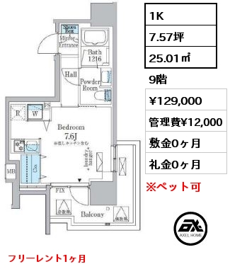 間取り10 1K 25.01㎡ 9階 賃料¥124,000 管理費¥12,000 敷金1ヶ月 礼金0ヶ月 フリーレント1ヶ月　　　　　　　　　　